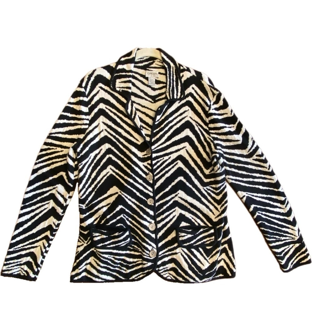 Chico's Knit Cardigan Sweater Jacket Silk Blend Zebra Black White Sz 1 / Medium
